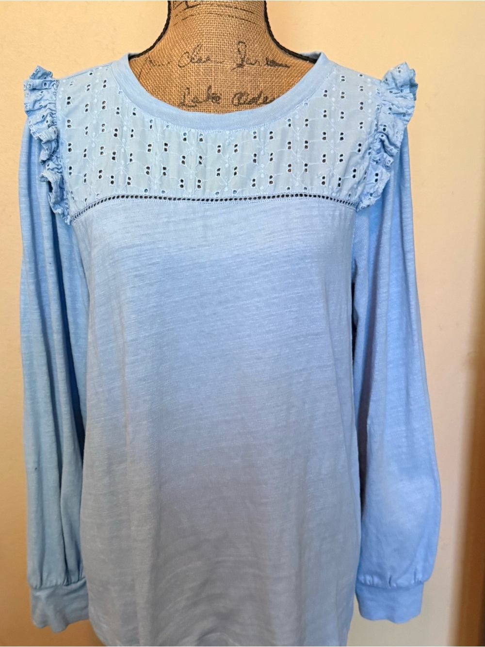 LOF Powder Blue Eyelet Yoke Ruffle Long-Sleeve Top